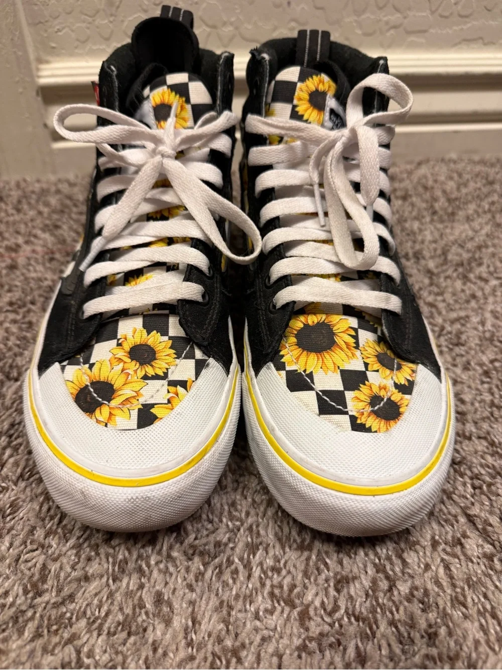 Vans Black High-Top Sneakers with Yellow Sunflower Checker Print